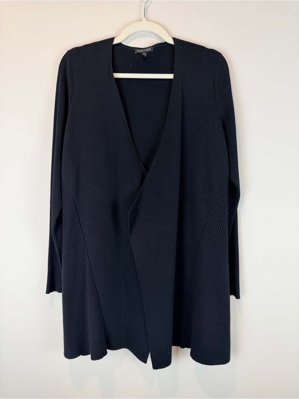 Eileen Fisher Black Silk Blend Open Drape Front Long Cardigan Size XL